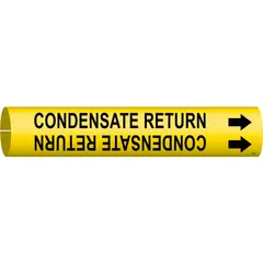 Yellow snap-on pipe marker with black legend reading 'Condensate Return' and directional arrows. Fits pipe outer diameters from 3/4 to 1-3/8 inches. Used to identify condensate return lines in steam or HVAC systems for clear labeling and safety compliance.