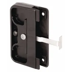 This sliding handle and latch kit is designed for use on sliding screen doors, providing both a pull and latching function. The kit includes the handle and latch mechanism in a black, unfinished finish. Overall height is 3-5/8 inches and overall length is 5/8 inches.