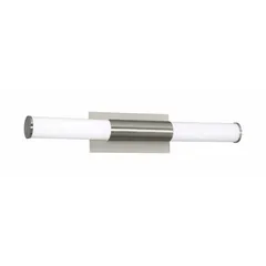 Wall-mounted integrated LED vanity fixture in satin nickel finish. Provides 2,200–3,300 lumens at 3000K color temperature, consumes 27W from 120V AC, and is dimmable. Measures 27 1/8 inches in length. Suitable for bathroom or vanity lighting in residential or commercial settings.
