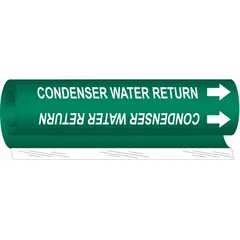 Green wrap-around pipe marker with white legend 'Condenser Water Return' and directional arrows. Fits pipe outer diameters from 1/2 to 1-3/8 inches. Used to identify condenser water return lines in HVAC and industrial piping systems.