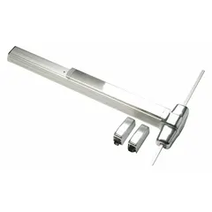 Surface-mounted vertical rod exit device with chrome finish, touchbar, and lever trim. Designed for doors up to 3 ft wide. Suitable for commercial openings requiring push-bar egress actuation.