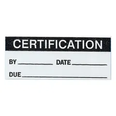 Black/white rectangle matte vinyl cloth label for indoor use. Measures 1 1/2 in wide by 5/8 in high. Supplied in a 25-pack. Used to mark equipment requiring periodic safety checks in industrial facilities.