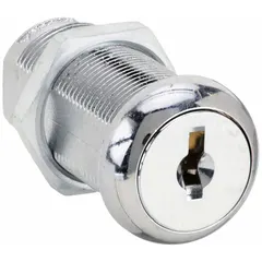 This keyed cam lock is constructed from zinc die-cast with a chrome-plated finish. It features a 1 1/2 in straight cam and is keyed alike, allowing multiple locks to be operated with the same key. Commonly used for securing cabinets, panels, and enclosures in industrial environments.