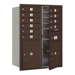 Horizontal multi-unit mailbox with 12 lockable doors, designed for recessed mounting. Measures 41 3/8 in H x 31 1/8 in W x 16 1/2 in D. Suitable for apartment buildings, condominiums, or commercial facilities requiring secure front-access mail distribution.