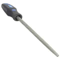 This 10-inch double-cut round file features a bastard cut and safe edge, with a natural finish. It tapers toward the point for access to tight spaces and curved surfaces. Suitable for general material removal and shaping on metal, wood, and plastics.
