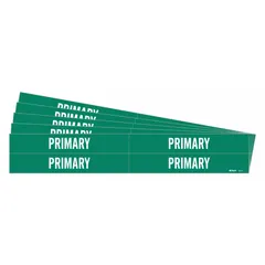 Green background pipe marker with white 'Primary' legend, designed for pipes with outer diameters from 3/4 to 2 3/8 inches. Each pack contains 4 markers without arrows, sold as a 5-pack. Used for identifying primary pipe contents in industrial piping systems.