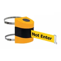 Rack-mount retractable belt barrier with a 30 ft yellow belt featuring black caution messaging. The black/yellow frame provides high visibility. Designed for cordoning off areas, controlling pedestrian traffic, or marking restricted zones in industrial and commercial settings