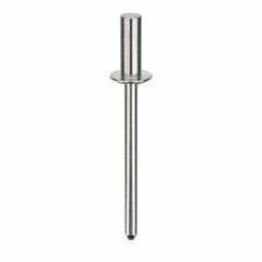 Domed-head blind rivet with 0.154" diameter and 1.741" overall length. Body length is 7/16". Supplied in a 500-piece pack. Used for fastening materials where only one side is accessible, typical in sheet metal assembly and general fabrication.