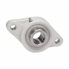 This food-grade flange-mount ball bearing features a 3/4 in cylindrical bore, PBT plastic housing, and H-1 grease lubrication. It has a not-split housing with set screw locking and a 3/8 in mounting bolt size. Suitable for conveyor and processing equipment in hygienic environments.