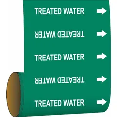 Green adhesive pipe markers with white legend reading 'Treated Water' and directional arrows. Each roll contains 30 markers for pipes with outside diameter of 2 inches and smaller. Used to identify pipes carrying treated water in industrial piping systems.