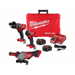 This 18 V DC cordless kit includes an angle grinder, hammer drill, and impact driver for cutting, drilling, and fastening tasks. Suitable for metal fabrication, construction, and maintenance applications requiring portable power.