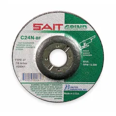 Silicon carbide depressed center grinding wheel for concrete and masonry. 24 grit for fast material removal on stone, brick, and block. Dimensions: 4-1/2" diameter, 1/4" thickness, 7/8" arbor hole. Series C24N.