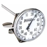 Clip-on dial thermometer for monitoring temperature in vats, pans, and similar process vessels. Features an 8-inch stem, +/-1% accuracy, and Celsius scale. Suitable for liquids or semi-solids within -40°C to 70°C range