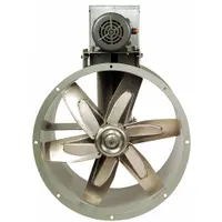 Unassembled belt-drive tubeaxial fan for flammable vapor applications. Features a 21 in blade, 3/4 hp, 3-phase, 1-speed motor with totally enclosed fan cooled enclosure. Rated 208-230/460V AC, delivers 4,733 cfm at 0.000 in SP. Spark resistant construction type B, suitable for Class I Group C hazardous locations. Includes drive package, designed for vertical mounting