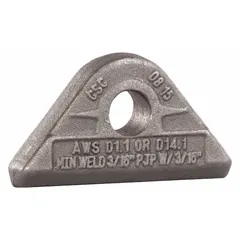 Carbon steel weld-on pad eye for lifting applications. Working load limit of 3,000 lb with a 9/16 in mounting hole diameter. Provides a secure attachment point for hoists, slings, or chains in rigging and material handling tasks.