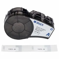 Thermal transfer precut label roll cartridge containing 121 acrylic, permanent adhesive labels measuring 1/2 in x 1 in. Halogen-free material. Designed for use with M210-LAB printer series.