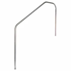 This pool stair rail is constructed from 304L stainless steel with a silver electropolished finish. It has fixed legs, a height of 66 inches, a width of 60 inches, a diameter of 1.9 inches, and a thickness of 0.065 inches. Designed for use as a handrail for pool entry and exit in commercial or residential settings.