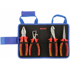 This insulated plier set includes 4 pliers with a range of 2 to 5, featuring standard cushion grips for comfort. The manual set comes with a pouch for storage and portability. Suitable for electrical work where insulation is required.