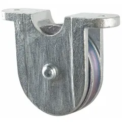 This PEERLESS pulley block is a side-mount cheek block for lifting and pulling with wire rope. Constructed from steel, it features a bolt-on design for secure attachment to structures. Typical applications include redirecting or lifting loads in industrial rigging and maintenance tasks.