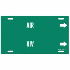 Pipe marker for identifying compressed-air lines. Green background with white legend text reading 'Air' and directional arrows. Fits pipe outer diameters from 8 to 9-7/8 inches. Includes one marker per unit.