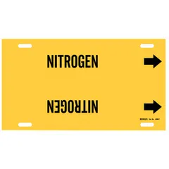 Yellow strap-on pipe marker with black legend reading 'Nitrogen' and directional arrows. Fits pipe outer diameters from 6 to 7-7/8 inches. Used to identify nitrogen lines in industrial piping systems for safety and compliance.