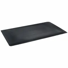 This 3 ft x 5 ft, 1 in thick black mat is constructed of vinyl over PVC foam with a beveled edge and anti-slip backing. It is designed for use in industrial workstations, assembly lines, and manufacturing areas to reduce standing fatigue and improve safety.