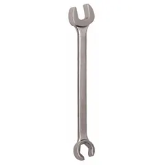 Alloy steel construction with satin finish. 12-point flare nut wrench with 10 mm and 12 mm head sizes, 7 in overall length. Designed for tightening or loosening flare nuts on hydraulic, fuel, and refrigeration lines.