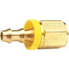 This brass push-on barbed hose fitting features a rigid straight configuration with a 1/2 in male hose barb and 1/2 in female NPTF connection. Designed for air, water, and chemical applications, it provides a secure push-on connection for industrial hose assemblies in fluid transfer and pneumatic systems.
