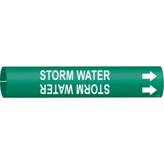 This snap-on pipe marker identifies storm water pipes. It features a green background with white legend text and includes directional arrows. Designed for pipe outer diameters from 2-1/2 to 3-7/8 inches. Suitable for use in industrial facilities for pipe content identification.