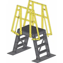 FRP composite crossover ladder with open grip surface, 2 steps, and yellow color. Designed for hands-free crossing over conveyors, pipes, or low obstacles in industrial settings. The open grip provides drainage and traction in wet or slippery conditions.