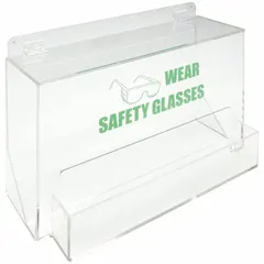 This clear acrylic tray dispenser holds up to 35 eyewear units and has an overall width of 18 inches. It is designed for organizing and dispensing safety glasses in industrial facilities, labs, and workshops.