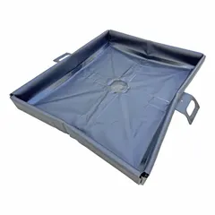 This railroad track berm is constructed of PVC fabric and measures 36 inches by 30 inches by 4 inches. It is used to contain pellets or granular materials during loading and unloading operations, providing a low-profile barrier to prevent spillage in rail yard environments.