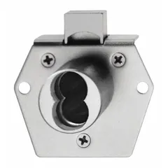 Vertical, diamond-shaped deadbolt lock for cabinets and drawers. Steel body with chrome finish, 2 1/8 in height and 2 5/8 in width. Compatible with Large Format Interchangeable Core (LFIC) systems for quick rekeying in commercial or institutional settings.