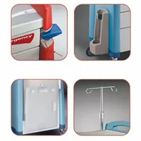 Side-mount accessory for medical carts, includes an I.V. Pole. Attaches to compatible emergency carts to provide a secure mounting point for intravenous supplies. Used in clinical settings to organize equipment for critical care procedures