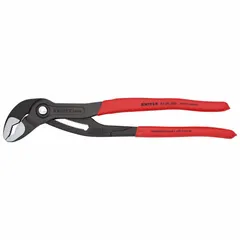 Push-button adjustment V-jaw pliers with 12 in overall length, 1 1/2 in jaw width, and 2 3/4 in max jaw opening. Used for gripping, turning, and clamping nuts, pipes, and fittings in plumbing, HVAC, and industrial maintenance.