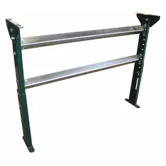 This permanent mount H-style conveyor support stand is designed for a 13-inch between frame width. Made of steel with a green finish, it provides adjustable height from 43 to 55 inches. Used to elevate and stabilize conveyor systems in material handling lines.