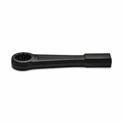 This steel striking box end wrench features a black finish, 4 1/4 in head size, 16 in overall length, and 0° head offset angle. The 12-point straight handle design is suited for heavy-duty bolting applications where impact force is applied with a hammer.