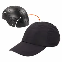 This black baseball-style bump cap features a vented polyethylene shell for airflow and a buckle suspension adjustment for a secure fit. It is designed to protect against minor bumps and scrapes in low-clearance areas such as warehouses, assembly lines, and maintenance tasks where hard hats are not required. No integrated LED lights.