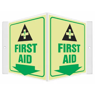 CONDOR Safety Sign: PETG, Mounting Holes Sign Mounting, 6 in x 8 1/2 in Nominal Sign Size - V-Shape Projection First Aid Signs