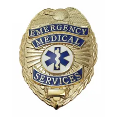 This metallic badge is designed for identification purposes in emergency medical services. It features a gold finish, measures 3/4 in, and is constructed of metal. The badge attaches to uniforms via a pin and safety catch.