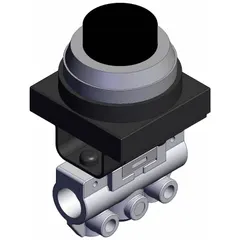 3-port manual air control valve with extended button actuator and side-ported body. Features 1/8 in NPT ports and black finish. Used to direct compressed air flow in pneumatic systems requiring manual override or flow selection.