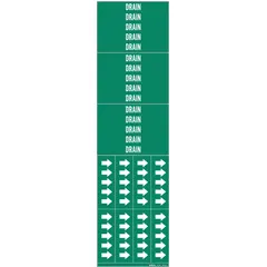 Green adhesive pipe markers with white 'Drain' legend, designed for pipes with outside diameter of 3/4 inch and smaller. Each pack contains three markers without directional arrows. Used to identify drain piping in industrial and commercial facilities.
