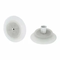 This SCHMALZ vacuum pad assembly is a flat type designed for fast-handling applications in food-safe environments. It features a 108 mm pad diameter, 40 mm pad height, and a 1/4 in NPT vacuum port. The clear pad material and 55 A rating make it suitable for automated pick-and-place systems handling packaging, trays, and containers.