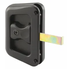 This sliding handle and latch kit is designed for use on sliding screen doors. It includes the handle and latch components needed to secure and operate the door. The kit measures 3-13/16 inches in height and 1-7/16 inches in length, with a black unfinished finish.