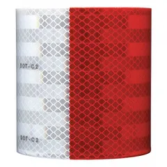 Red/white reflective tape with acrylic adhesive, 1 inch wide by 50 yards long. Designed for marking trucks and trailers to enhance visibility in low-light conditions. White reflective color provides bright retroreflection for vehicle outlines, sides, and rear panels.