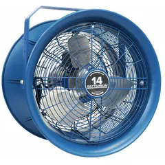 This high-velocity industrial fan is designed for ceiling mounting in workshops, warehouses, and factories where floor space is limited. It provides focused airflow for spot cooling, ventilation, or drying. The fan features a 14-inch blade diameter, operates on 115/208 to 230V AC, and is powered by a 1/4 hp motor. It is a single-speed, non-oscillating unit.