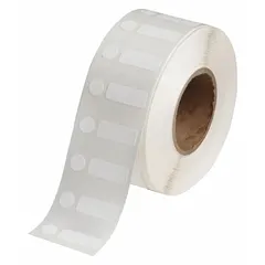 White rectangle precut label roll in two sizes: 3/8 in x 1 in and 1 in x 3/8 in. Designed for 8.0 mL vials and tubes, with a temperature range of -112°F to 158°F. Requires J20-CMY ribbon and is compatible with BradyJET J2000 printer.