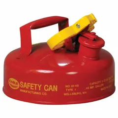 Red Type I safety can for flammable liquids, 1/2 gallon capacity, includes a funnel for controlled pouring. Used in industrial settings for safe handling and dispensing of combustible liquids.