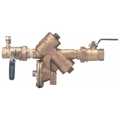 Reduced pressure zone backflow preventer in standard configuration. Constructed of bronze with 1 in pipe size and ball valve shut-off. Temperature range 33°F to 180°F. Used in commercial and industrial plumbing systems to protect potable water from cross-connections.