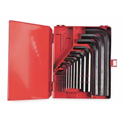 This 18-piece L-shaped hex key set includes SAE sizes with standard and short ends, providing two tips per key. The black oxide finish offers corrosion resistance. Suitable for tightening or loosening hex socket fasteners in maintenance, assembly, and repair tasks, the set is packaged in a box.